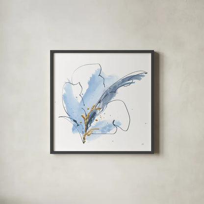 Blue and Gold Floral VIII by Chris Paschke. Shown in a sleek black glass frame for a contemporary gallery look. Available as an archival giclee rolled canvas, fine art paper, or poster print. SKU 75009a.