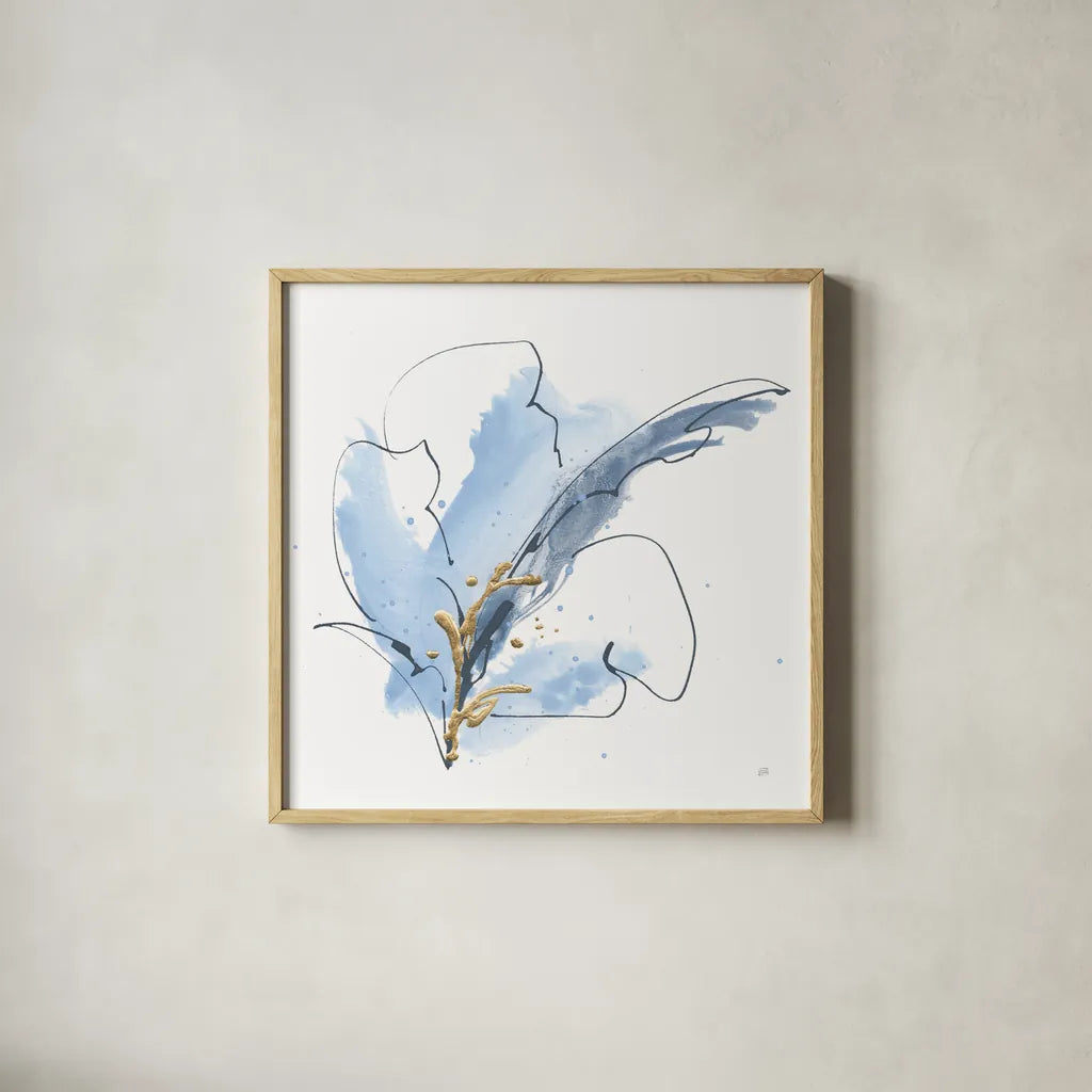 Blue and Gold Floral VIII by Chris Paschke. Shown in a natural wood glass frame for a timeless modern aesthetic. Available as an archival giclee rolled canvas, fine art paper, or poster print. SKU 75009a.
