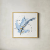 Blue and Gold Floral VIII by Chris Paschke. Shown in a natural wood glass frame for a timeless modern aesthetic. Available as an archival giclee rolled canvas, fine art paper, or poster print. SKU 75009a.