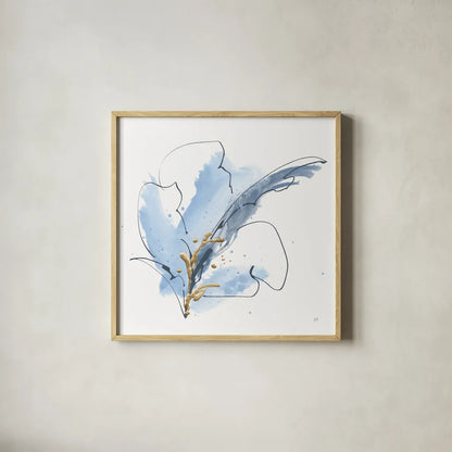 Blue and Gold Floral VIII by Chris Paschke. Shown in a natural wood glass frame for a timeless modern aesthetic. Available as an archival giclee rolled canvas, fine art paper, or poster print. SKU 75009a.