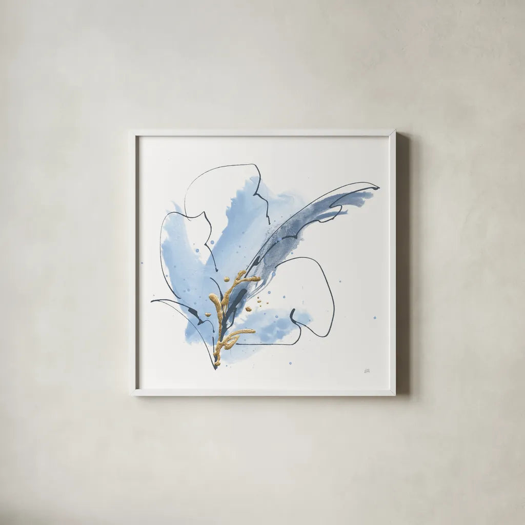 Blue and Gold Floral VIII by Chris Paschke. Shown in a crisp white glass frame for a clean and minimalist style. Available as an archival giclee rolled canvas, fine art paper, or poster print. SKU 75009a.