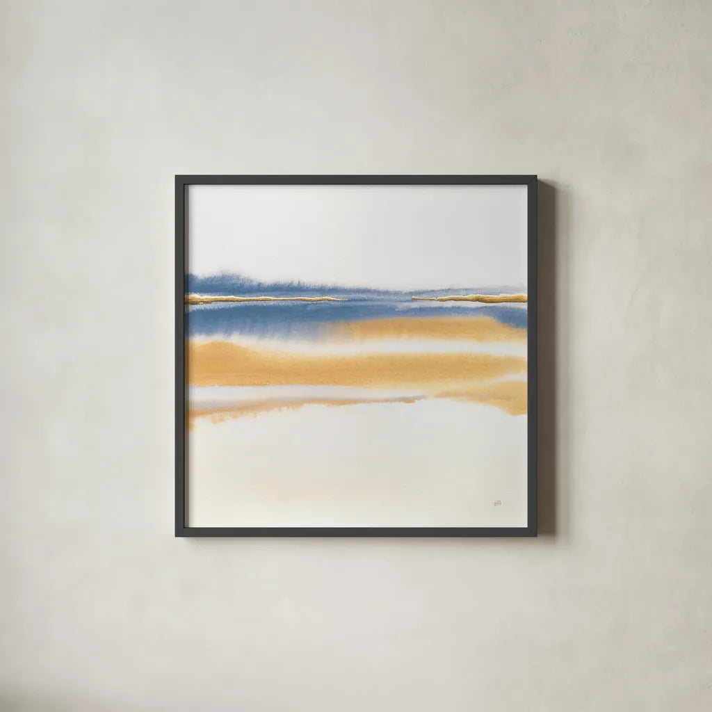 Blue and Orange II by Chris Paschke. Shown in a sleek black glass frame for a contemporary gallery look. Available as an archival giclee rolled canvas, fine art paper, or poster print. SKU 74462a.