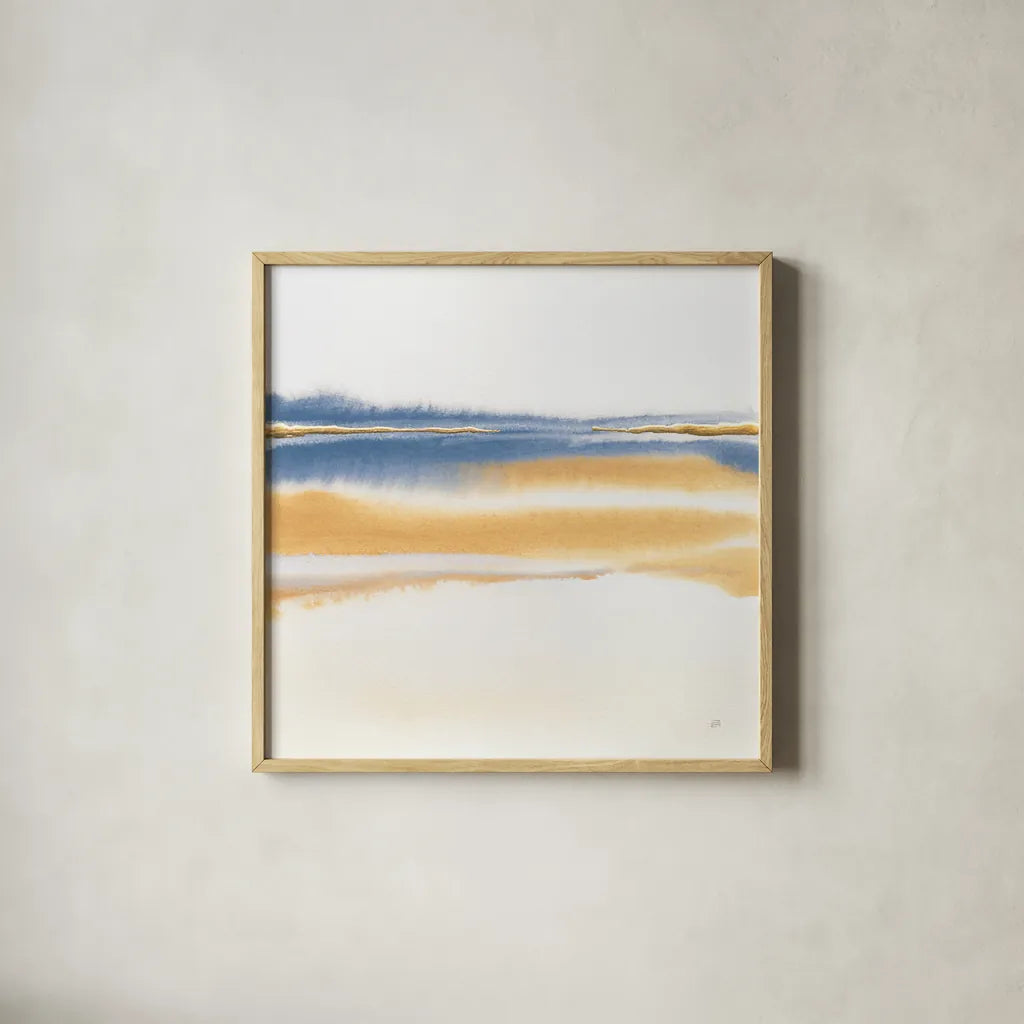 Blue and Orange II by Chris Paschke. Shown in a natural wood glass frame for a timeless modern aesthetic. Available as an archival giclee rolled canvas, fine art paper, or poster print. SKU 74462a.