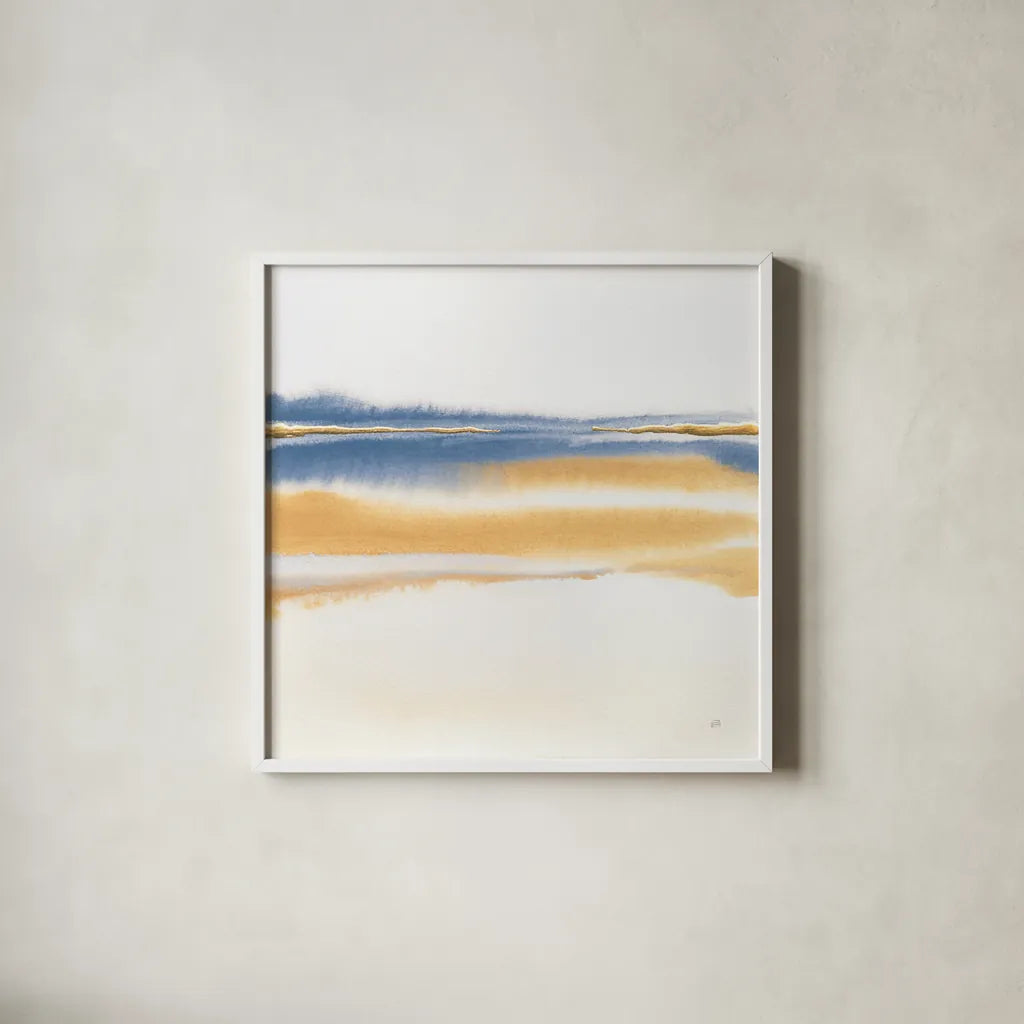 Blue and Orange II by Chris Paschke. Shown in a crisp white glass frame for a clean and minimalist style. Available as an archival giclee rolled canvas, fine art paper, or poster print. SKU 74462a.