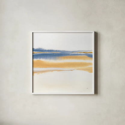 Blue and Orange II by Chris Paschke. Shown in a crisp white glass frame for a clean and minimalist style. Available as an archival giclee rolled canvas, fine art paper, or poster print. SKU 74462a.