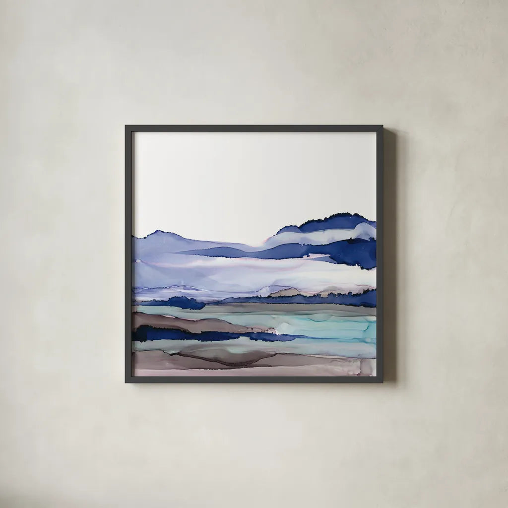 Bluescape I by Chris Paschke. Shown in a sleek black glass frame for a contemporary gallery look. Available as an archival giclee rolled canvas, fine art paper, or poster print. SKU 66745a.