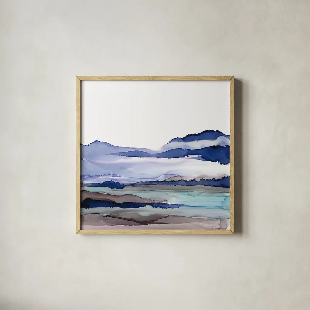 Bluescape I by Chris Paschke. Shown in a natural wood glass frame for a timeless modern aesthetic. Available as an archival giclee rolled canvas, fine art paper, or poster print. SKU 66745a.