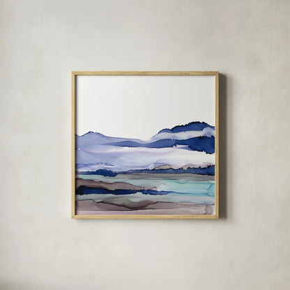 Bluescape I by Chris Paschke. Shown in a natural wood glass frame for a timeless modern aesthetic. Available as an archival giclee rolled canvas, fine art paper, or poster print. SKU 66745a.