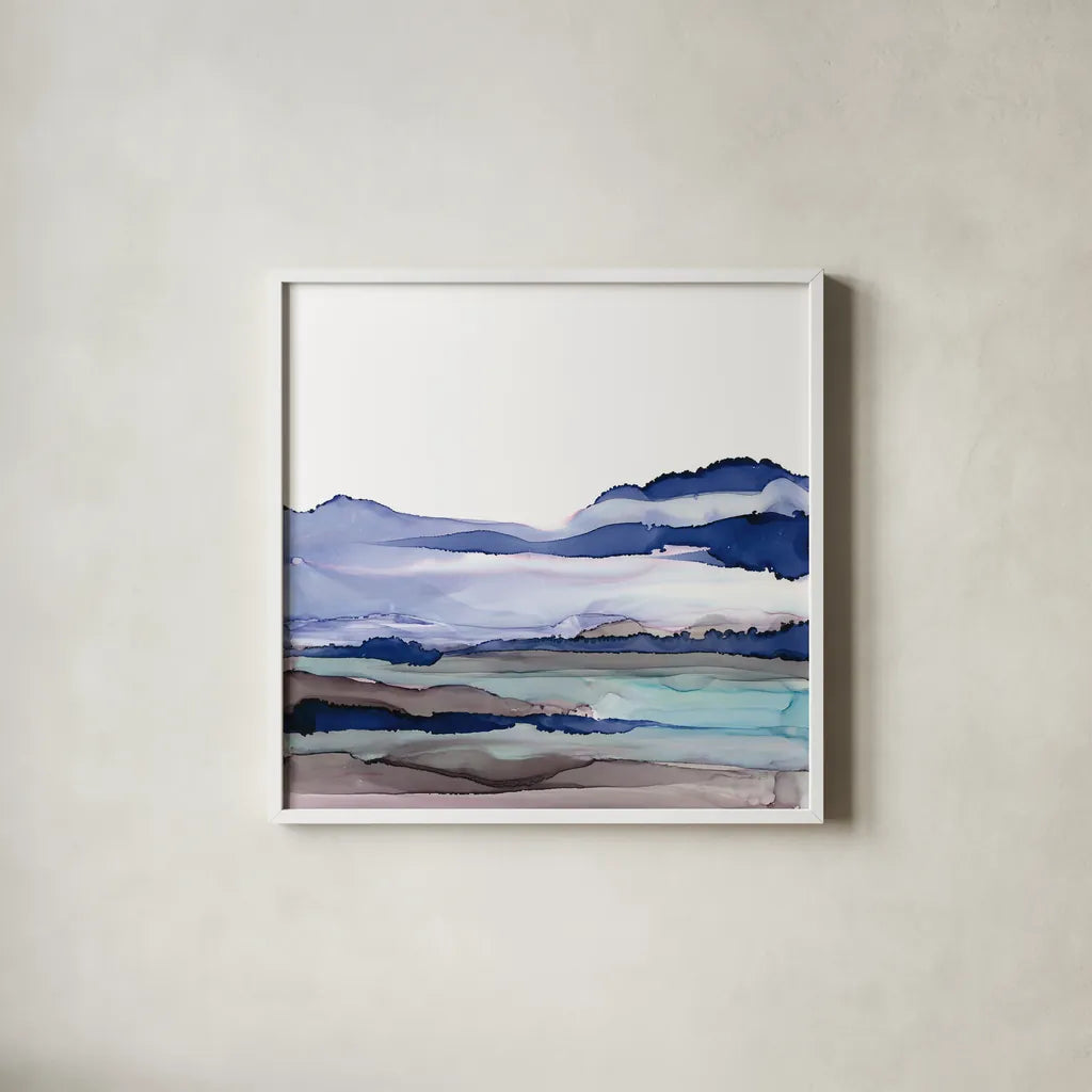 Bluescape I by Chris Paschke. Shown in a crisp white glass frame for a clean and minimalist style. Available as an archival giclee rolled canvas, fine art paper, or poster print. SKU 66745a.