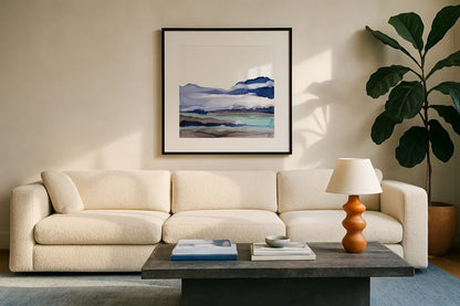 Bluescape I by Chris Paschke. Displayed in a glass frame with matte in a clean modern living room. Available as an archival giclee rolled canvas, fine art paper, or poster print. SKU 66745a.