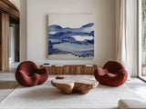 Bluescape II by Chris Paschke. Shown as extra-large giant wall art in a modern living room. Available as an archival giclee rolled canvas, fine art paper, or poster print. SKU 66746a.