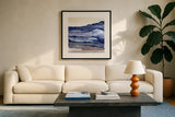 Bluescape III by Chris Paschke. Displayed in a glass frame with matte in a clean modern living room. Available as an archival giclee rolled canvas, fine art paper, or poster print. SKU 66747a.