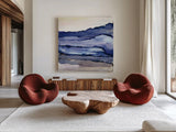 Bluescape III by Chris Paschke. Shown as extra-large giant wall art in a modern living room. Available as an archival giclee rolled canvas, fine art paper, or poster print. SKU 66747a.