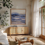 Bluescape IV by Chris Paschke. Shown in a natural wood frame in a cozy modern living room. Available as an archival giclee rolled canvas, fine art paper, or poster print. SKU 66748a.