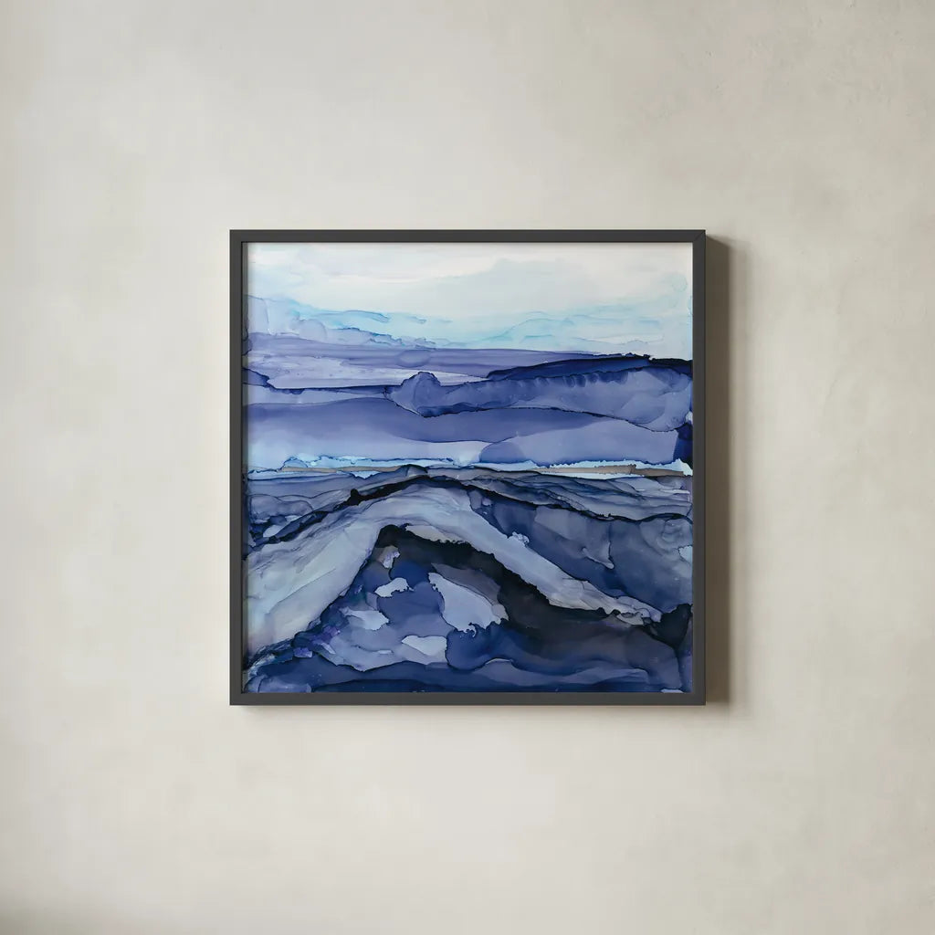 Bluescape V by Chris Paschke. Shown in a sleek black glass frame for a contemporary gallery look. Available as an archival giclee rolled canvas, fine art paper, or poster print. SKU 66749a.