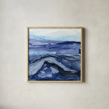 Bluescape V by Chris Paschke. Shown in a natural wood glass frame for a timeless modern aesthetic. Available as an archival giclee rolled canvas, fine art paper, or poster print. SKU 66749a.