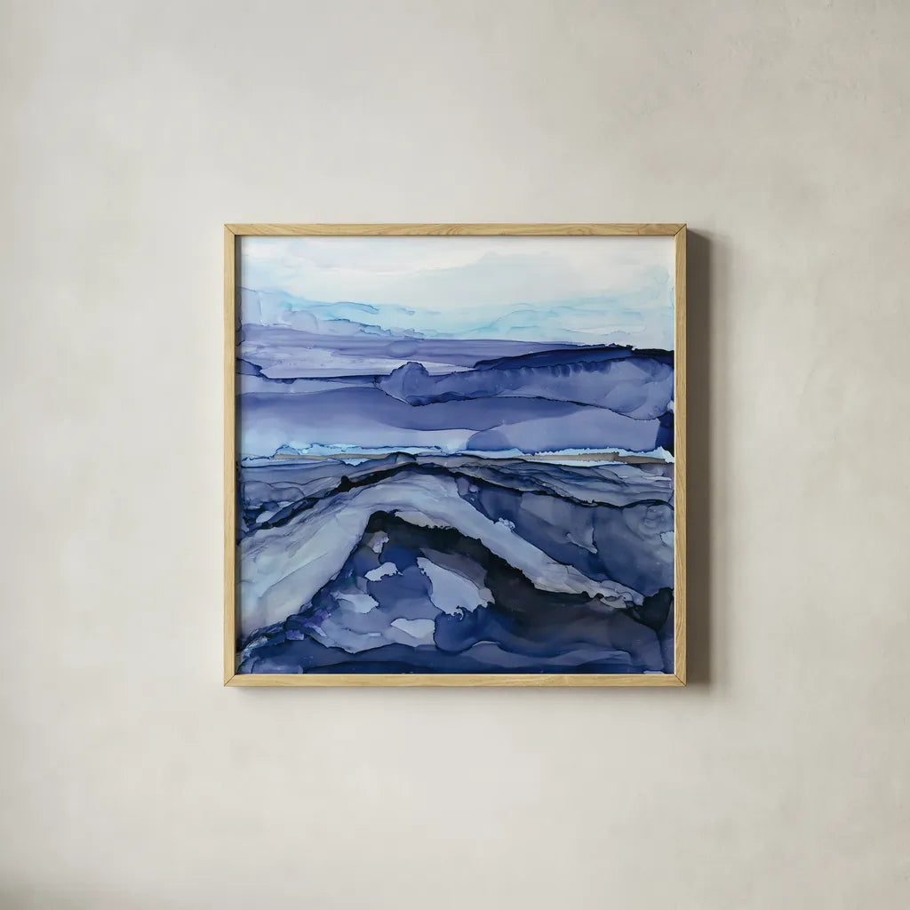 Bluescape V by Chris Paschke. Shown in a natural wood glass frame for a timeless modern aesthetic. Available as an archival giclee rolled canvas, fine art paper, or poster print. SKU 66749a.