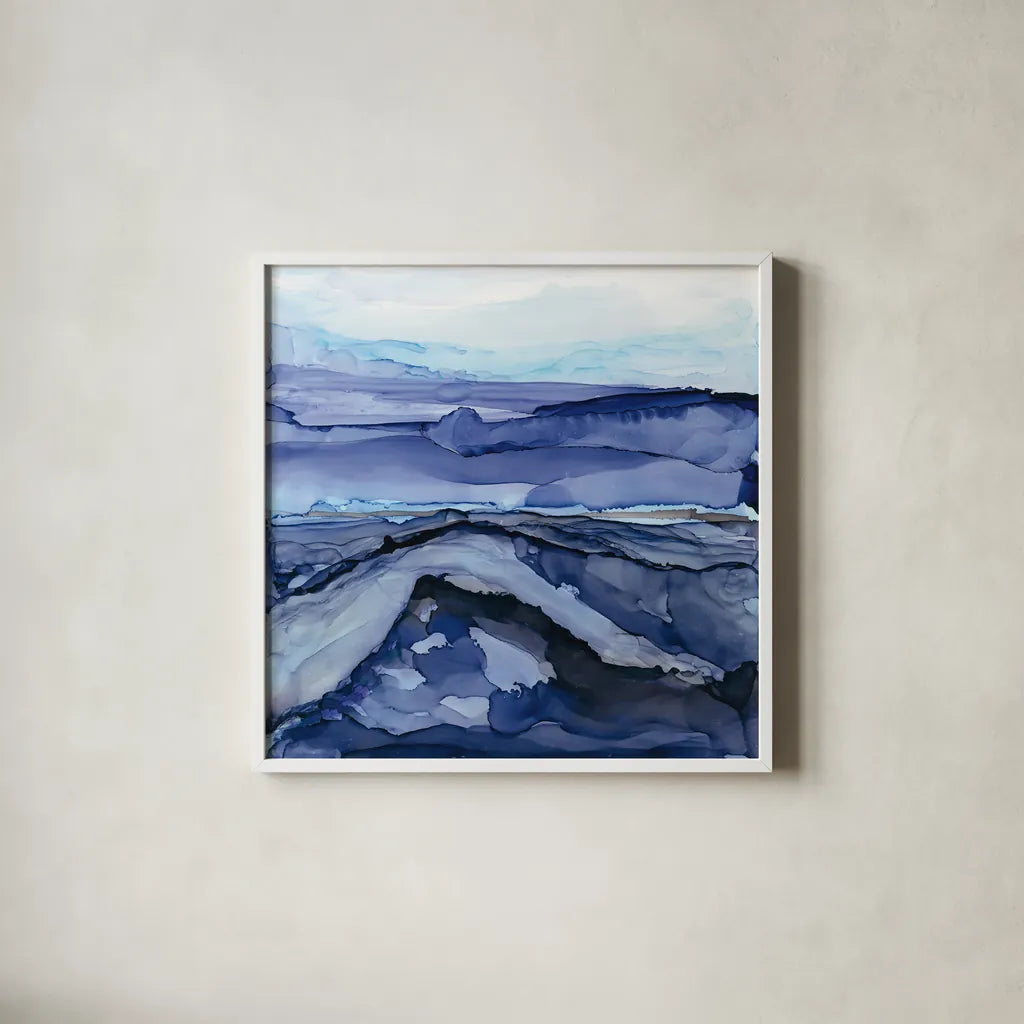 Bluescape V by Chris Paschke. Shown in a crisp white glass frame for a clean and minimalist style. Available as an archival giclee rolled canvas, fine art paper, or poster print. SKU 66749a.