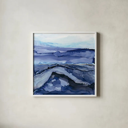 Bluescape V by Chris Paschke. Shown in a crisp white glass frame for a clean and minimalist style. Available as an archival giclee rolled canvas, fine art paper, or poster print. SKU 66749a.