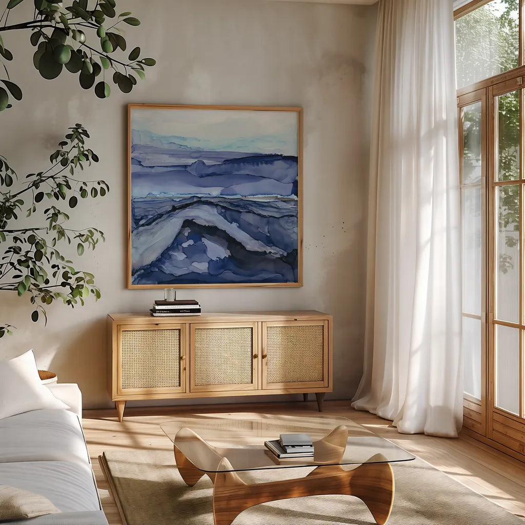 Bluescape V by Chris Paschke. Shown in a natural wood frame in a cozy modern living room. Available as an archival giclee rolled canvas, fine art paper, or poster print. SKU 66749a.