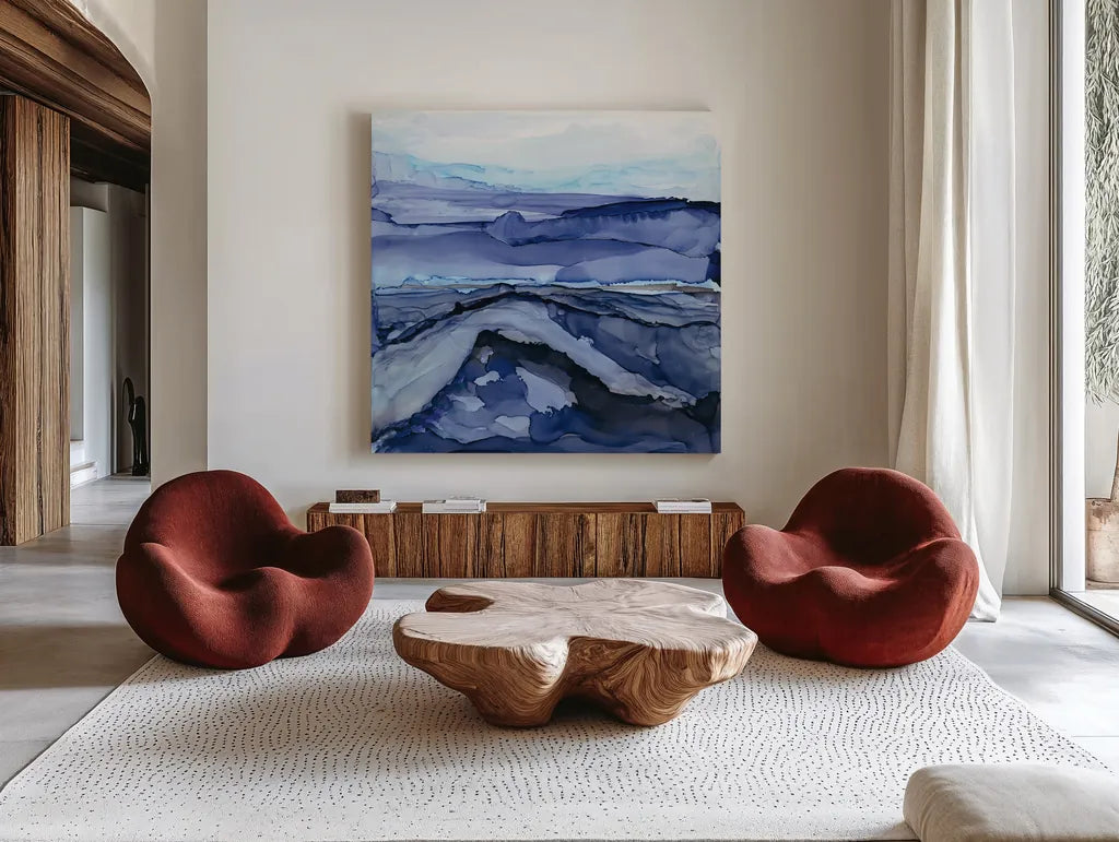 Bluescape V by Chris Paschke. Shown as extra-large giant wall art in a modern living room. Available as an archival giclee rolled canvas, fine art paper, or poster print. SKU 66749a.