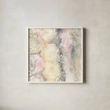 Blush Circles I by Chris Paschke. Shown in a crisp white glass frame for a clean and minimalist style. Available as an archival giclee rolled canvas, fine art paper, or poster print. SKU 35261a.