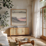 Blush Valley I by Chris Paschke. Shown in a natural wood frame in a cozy modern living room. Available as an archival giclee rolled canvas, fine art paper, or poster print. SKU 49055a.