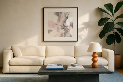 Blushing Grey I by Chris Paschke. Displayed in a glass frame with matte in a clean modern living room. Available as an archival giclee rolled canvas, fine art paper, or poster print. SKU 49053a.