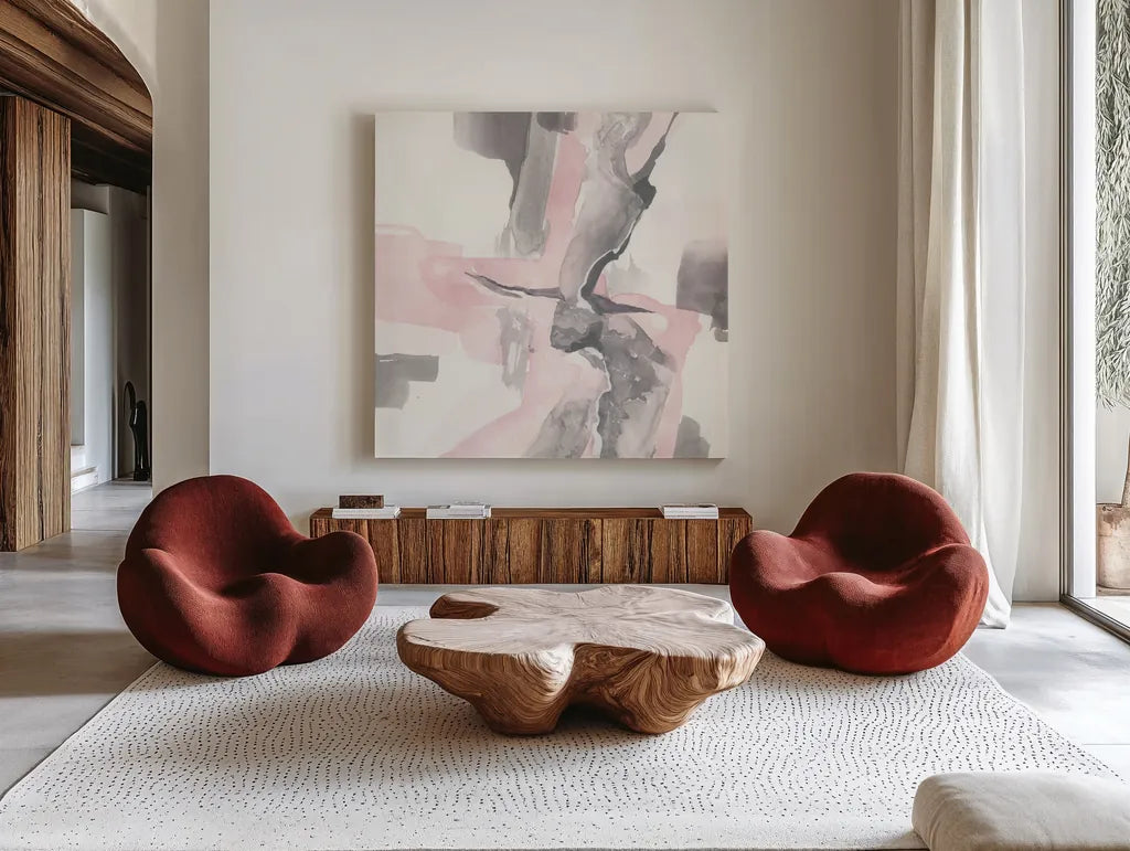 Blushing Grey I by Chris Paschke. Shown as extra-large giant wall art in a modern living room. Available as an archival giclee rolled canvas, fine art paper, or poster print. SKU 49053a.