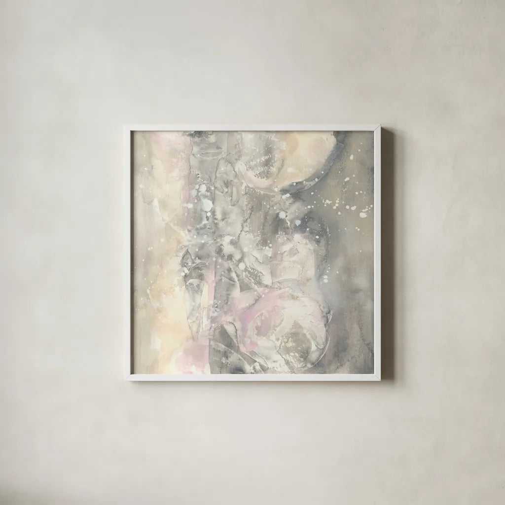 Blushing Snowflakes I by Chris Paschke. Shown in a crisp white glass frame for a clean and minimalist style. Available as an archival giclee rolled canvas, fine art paper, or poster print. SKU 35263a.