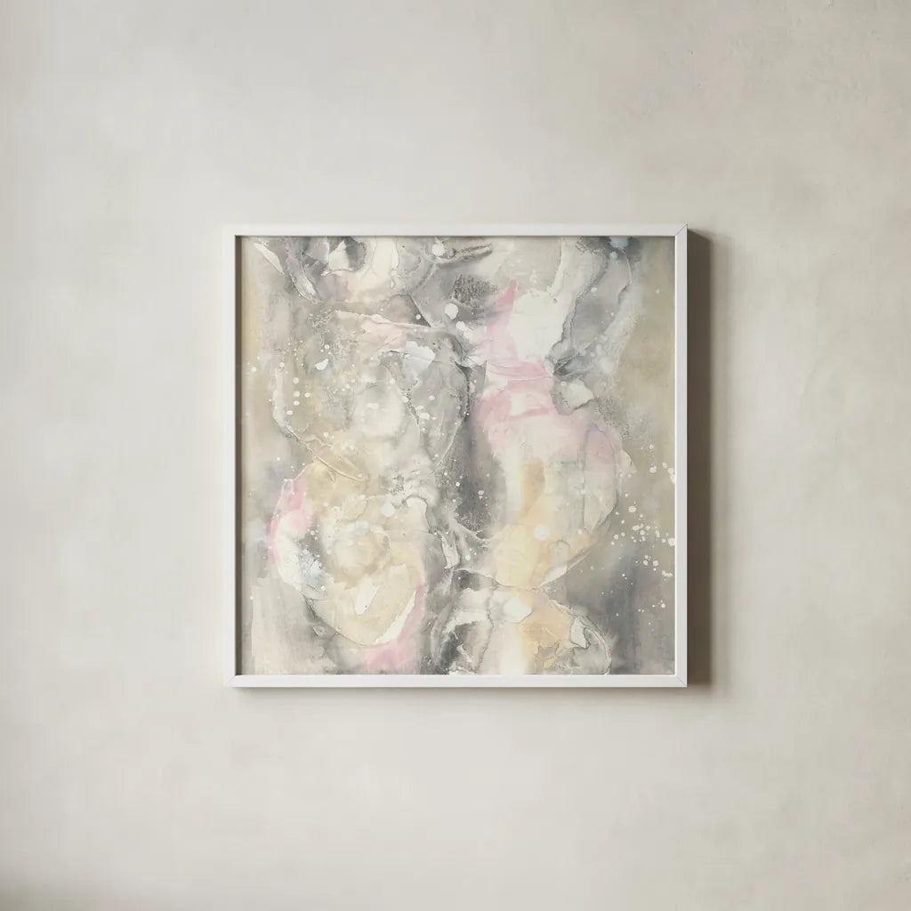 Blushing Snowflakes II by Chris Paschke. Shown in a crisp white glass frame for a clean and minimalist style. Available as an archival giclee rolled canvas, fine art paper, or poster print. SKU 35264a.