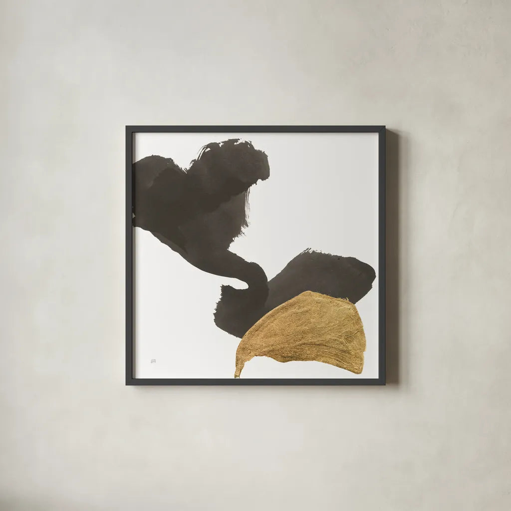 Bold Gold II by Chris Paschke. Shown in a sleek black glass frame for a contemporary gallery look. Available as an archival giclee rolled canvas, fine art paper, or poster print. SKU 86812a.