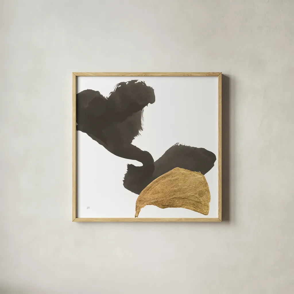 Bold Gold II by Chris Paschke. Shown in a natural wood glass frame for a timeless modern aesthetic. Available as an archival giclee rolled canvas, fine art paper, or poster print. SKU 86812a.