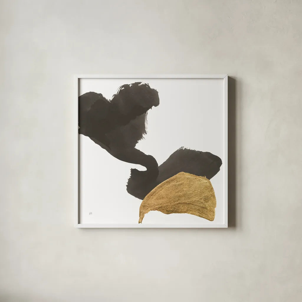 Bold Gold II by Chris Paschke. Shown in a crisp white glass frame for a clean and minimalist style. Available as an archival giclee rolled canvas, fine art paper, or poster print. SKU 86812a.