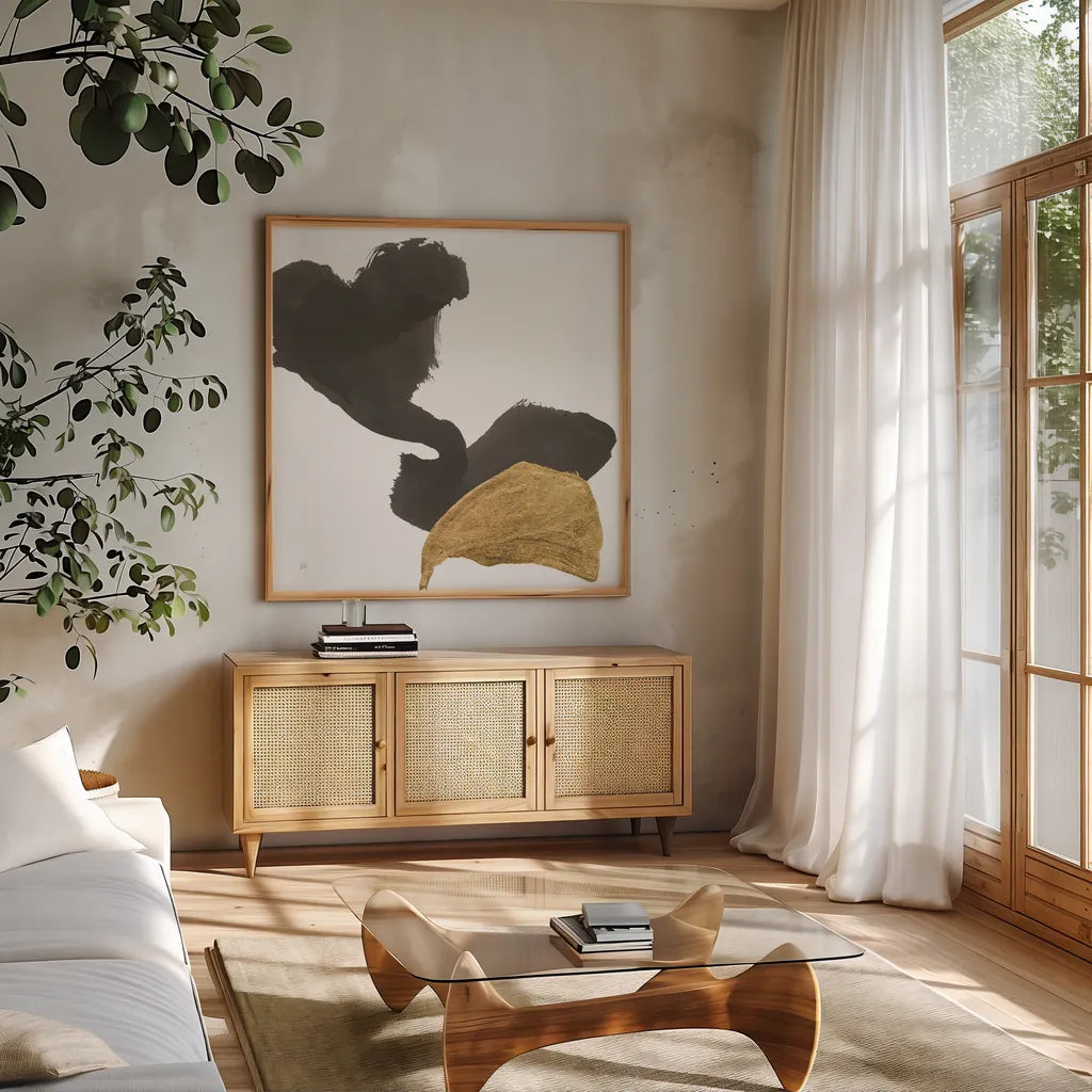 Bold Gold II by Chris Paschke. Shown in a natural wood frame in a cozy modern living room. Available as an archival giclee rolled canvas, fine art paper, or poster print. SKU 86812a.