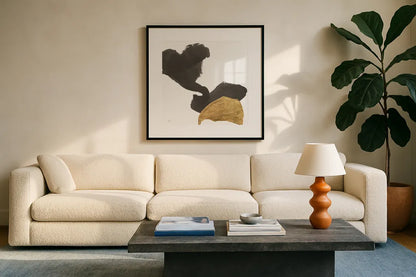 Bold Gold II by Chris Paschke. Displayed in a glass frame with matte in a clean modern living room. Available as an archival giclee rolled canvas, fine art paper, or poster print. SKU 86812a.