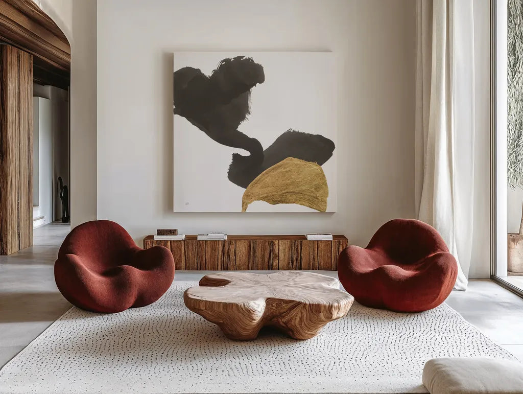 Bold Gold II by Chris Paschke. Shown as extra-large giant wall art in a modern living room. Available as an archival giclee rolled canvas, fine art paper, or poster print. SKU 86812a.