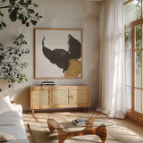 Bold Gold III by Chris Paschke. Shown in a natural wood frame in a cozy modern living room. Available as an archival giclee rolled canvas, fine art paper, or poster print. SKU 86813a.