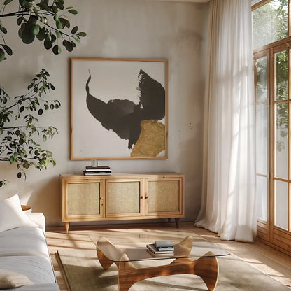 Bold Gold III by Chris Paschke. Shown in a natural wood frame in a cozy modern living room. Available as an archival giclee rolled canvas, fine art paper, or poster print. SKU 86813a.