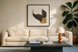 Bold Gold III by Chris Paschke. Displayed in a glass frame with matte in a clean modern living room. Available as an archival giclee rolled canvas, fine art paper, or poster print. SKU 86813a.