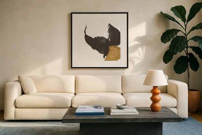 Bold Gold III by Chris Paschke. Displayed in a glass frame with matte in a clean modern living room. Available as an archival giclee rolled canvas, fine art paper, or poster print. SKU 86813a.