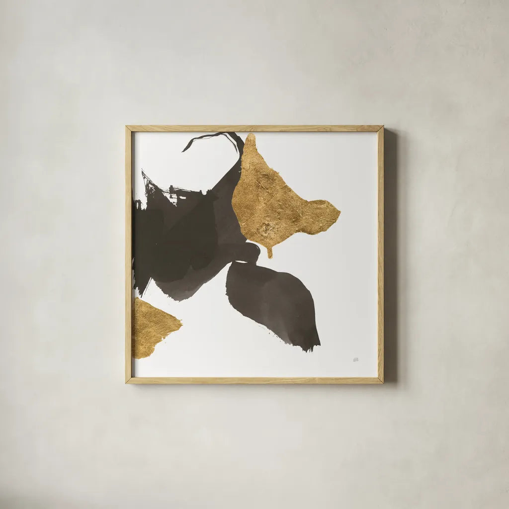 Bold Gold IV by Chris Paschke. Shown in a natural wood glass frame for a timeless modern aesthetic. Available as an archival giclee rolled canvas, fine art paper, or poster print. SKU 86814a.