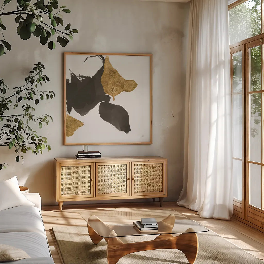 Bold Gold IV by Chris Paschke. Shown in a natural wood frame in a cozy modern living room. Available as an archival giclee rolled canvas, fine art paper, or poster print. SKU 86814a.