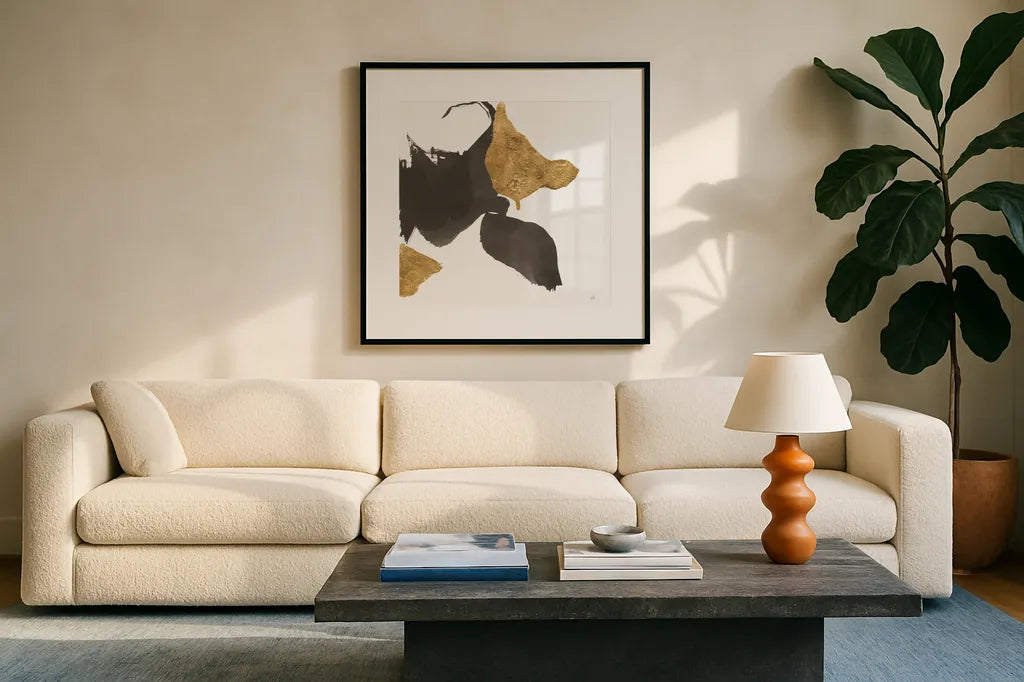 Bold Gold IV by Chris Paschke. Displayed in a glass frame with matte in a clean modern living room. Available as an archival giclee rolled canvas, fine art paper, or poster print. SKU 86814a.