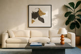 Bold Gold IV by Chris Paschke. Displayed in a glass frame with matte in a clean modern living room. Available as an archival giclee rolled canvas, fine art paper, or poster print. SKU 86814a.