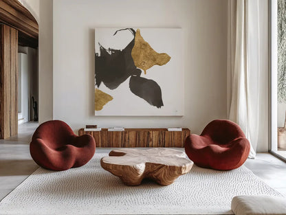 Bold Gold IV by Chris Paschke. Shown as extra-large giant wall art in a modern living room. Available as an archival giclee rolled canvas, fine art paper, or poster print. SKU 86814a.