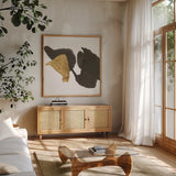 Bold Gold V by Chris Paschke. Shown in a natural wood frame in a cozy modern living room. Available as an archival giclee rolled canvas, fine art paper, or poster print. SKU 86815a.