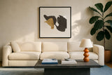 Bold Gold V by Chris Paschke. Displayed in a glass frame with matte in a clean modern living room. Available as an archival giclee rolled canvas, fine art paper, or poster print. SKU 86815a.