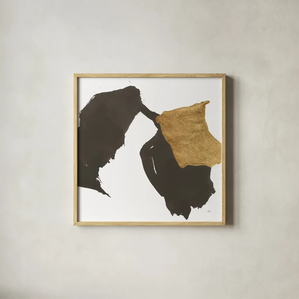 Bold Gold VI by Chris Paschke. Shown in a natural wood glass frame for a timeless modern aesthetic. Available as an archival giclee rolled canvas, fine art paper, or poster print. SKU 86816a.