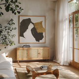 Bold Gold VI by Chris Paschke. Shown in a natural wood frame in a cozy modern living room. Available as an archival giclee rolled canvas, fine art paper, or poster print. SKU 86816a.